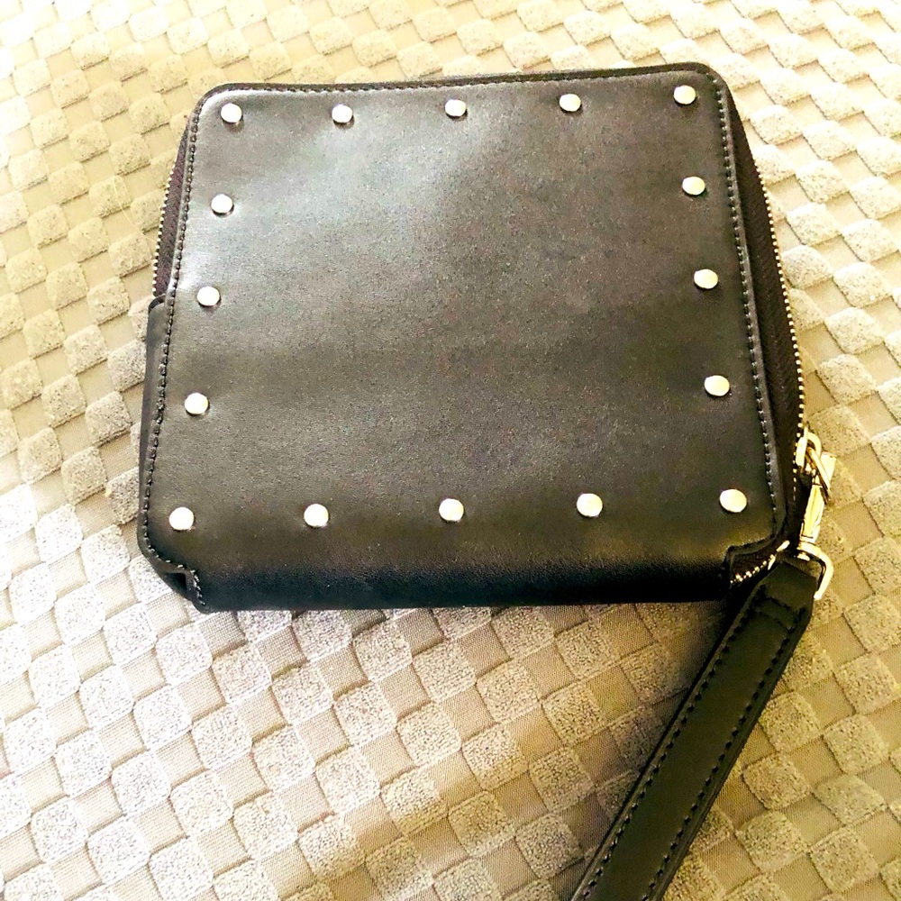 FRENCH CONNECTION Wristlet-Black with silver accents. Artsy square shape.